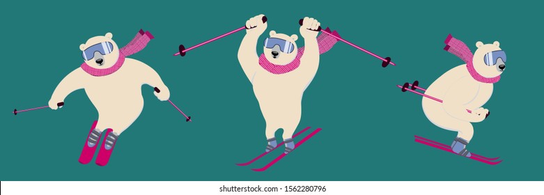 Polar bear on an alpine ski slope. Сharming sporty and strong animal wears scarf and ski goggles, likes downhill skiing.  Set of vector ilustration with character in flat style. Can be used as mascot