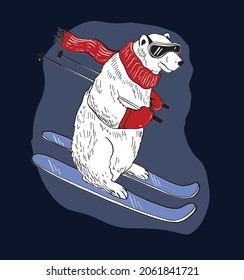 Polar bear on an alpine ski slope. Сharming sporty and strong animal wears scarf and ski goggles, lik ...