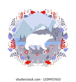 Polar bear on a background of mountains and firs. A wreath of colorful branches and flowers. Children's textile round print
