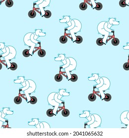 Polar bear on bicycle pattern seamless. Beast is riding bicycle background. Cartoon childrens texture. Baby fabric ornament