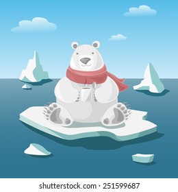 Polar bear on floe holds a mug with hot coffee. Vector copy