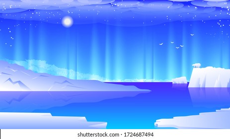 Eisbär auf einer Eisscholle zwischen den schneebedeckten Küsten der Nordsee vor dem Hintergrund des Nordlichts und des Himmels mit Sonne, Wolken, fliegenden Vögeln. schöne polare Landschaft. Vektor