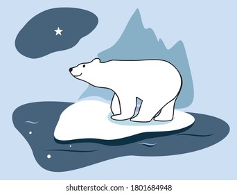 Polar bear on ice floe, North pole. Cute little animal. Vector illustration for kids clothing, fabric, linens, cards, wrapping paper