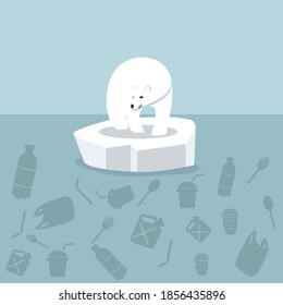 Oso polar sobre hielo flotando con plástico