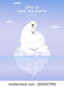 Polar bear on an ice floe. Mother and child. The glacier, Starry night in the North. Landscapes of the Arctic. Global warming, Climate change, sea level rise, nature damage. flat vector illustration