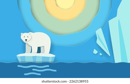 Oso Polar Sobre El Hielo Cae El Iceberg Y El Calentamiento Global. Arte de corte de papel, concepto de crisis natural.