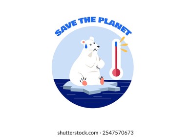 A polar bear on an ice floe with a thermometer and the phrase Save the Planet. Vector illustration