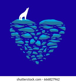 Polar bear on an ice floe. Heart of ice vector illustration on the theme of love, loneliness or the environment and global warming.