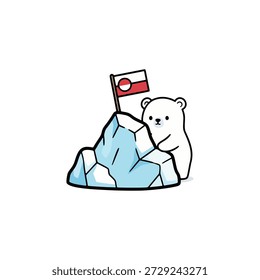 Polar bear on iceberg with small greenland flag