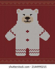 Polar bear on the knitting pattern, Happy new year, vector illustration