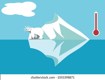 Polar bear on little iceberg vector illustration. Increasing earth temperature, global warming