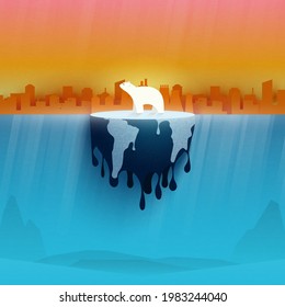 Oso polar sobre el derretimiento de la tierra. Cambio climático y calentamiento global. Aumento de la temperatura y contaminación del aire por parte de la industria. Recursos de conservación del medio ambiente sustentables. Ilustración del vector.