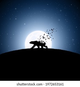 Polar bear on moonlight night. Endangered animal. Death and afterlife