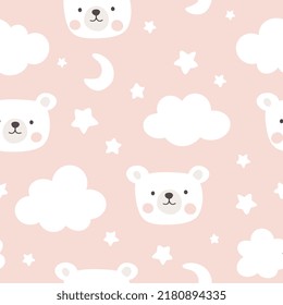 Oso polar sobre fondo rosa pastel en el cielo con estrellas y nubes, niños lindos animales de madera sin costura patrón para envolver papel, tela e impresión textil