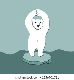 Polar Bear on small melting ice in empty ocean illustration vector graphic. Global warming crisis. Climate change problem concept