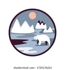 Polar bear on a white snow, Arctic scene, landscape. Vector illustration