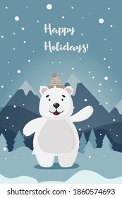 
Polar bear on a winter background.
Wish you happy holidays. For postcards, flyers, banners and websites.