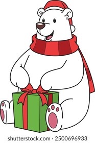 Polar bear opening christmas present vector illustration
