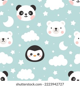 Polar bear, panda, penguin cute face on a mint green sky seamless pattern. Vector design for wrapping paper, fabric and textile print.