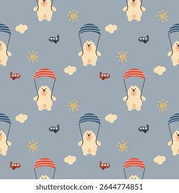 O desenho animado de paraquedas do urso polar é tão fofo. Sobre o fundo do avião do sol da nuvem. Ilustração de vetor uniforme de padrão. 