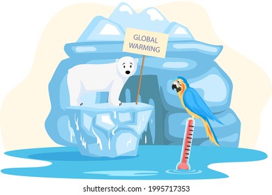 Polar bear and parrot on melting ice in sea at North pole Arctic. Global warming concept. Increasing earth temperature. Melting of north pole, disappearance of natural habitat of wild animals