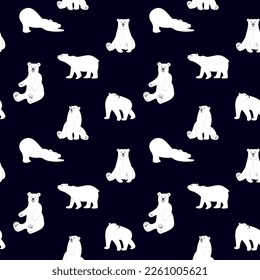 Polar bear pattern. Northern animals. Winter doodle silhouettes for print or wallpaper. Arctic mammals. Grizzly poses. North predators. Vector seamless utter repeat monochrome background