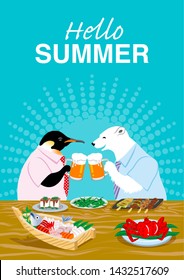 Polar bear and penguin drinking beer in the Japanese pub - Included words “Hello Summer"