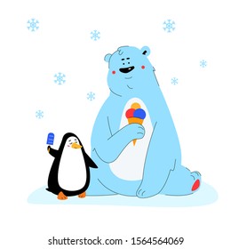 Polar bear and penguin eating ice cream - flat design style illustration with cartoon characters on white background. A composition with cute animals sitting together. Winter time, seasonal concept