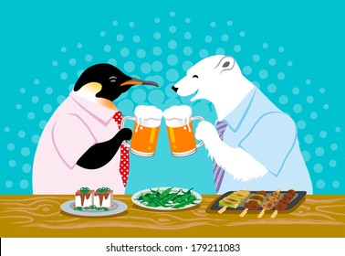 polar bear and penguin employees enjoying beer