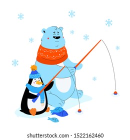Polar bear and penguin ice fishing - flat design style illustration with cartoon characters on white background. Cute animals in winter clothes sitting with rods. Seasonal, hobby and leisure concept
