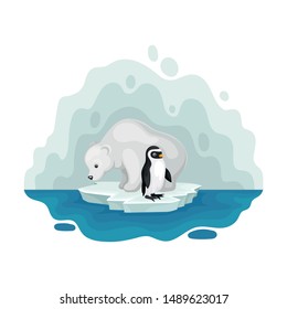 Polar bear and penguin on an ice floe. Vector illustration on a white background.