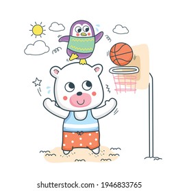 polar bear and penguin play basketball funny cartoon