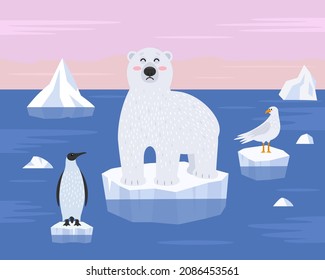 Oso polar, pingüino y gaviota parados en un hielo. El concepto de calentamiento global y contaminación de plástico de los océanos del mundo. ilustración vectorial. paisaje ártico