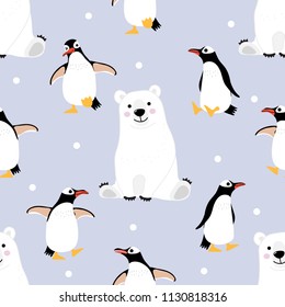 Polar bear and penguin seamless pattern and background. Wildlife animal cartoon character vector.