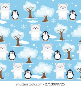 Urso polar e pinguim padrão sem costura com árvore e floco de neve. Bela decoração de tema de inverno. Pode ser usado para papel de parede, papel de embrulho e tecido de moda
