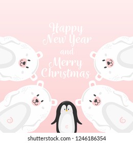 polar bear with Penguin. Vector cute cartoon charcter. Chrismas concept.