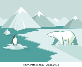 Polar bear and penguin - vector illustration