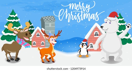 Polar Bear and Penguin Wearing Santa Hat, Moose Wearing Scraft, and Raindeer Wearing Hat