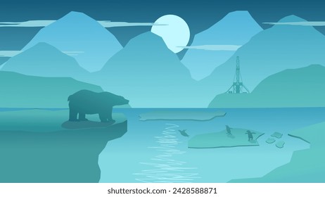 A Polar Bear and Penguins in Antarctica with a Cloudy Sky - 2D Beautiful Background Illustration