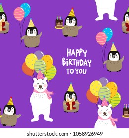 Polar bear and penguins in birthday party. Seamless pattern.