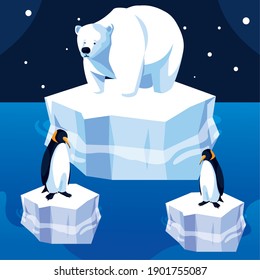 polar bear and penguins iceberg north pole night landscape vector illustration