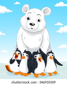 Polar bear and penguins illustration