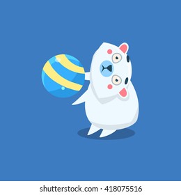  Polar Bär spielen Ball flach primitive geometrisches Design Vektorsymbol einzeln auf blauem Hintergrund