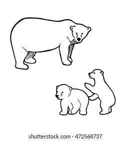 Polar bear with playing cubs. Outline vector illustration.
