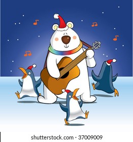 polar bear playing guitar and penguin dancing around