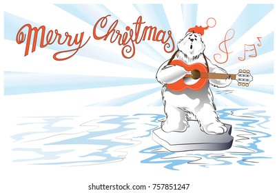 Polar Bear playing guitar and singer, cartoon acting character design for Christmas and New year card vector isolate on white has clipping paths.