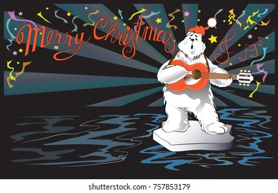 Polar Bear playing guitar and singer in night party, cartoon acting character design for Christmas and New year card vector isolate on white has clipping paths.