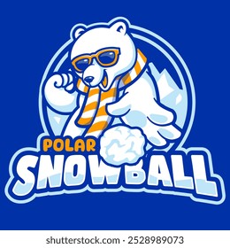 Oso polar jugando a la mascota de la bola de nieve de dibujos animados