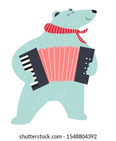 Polar bear plays accordion. Cute animal playing music instrument, standing with closed eyes, wearing striped scarf. Zoo concert. Kids nursery print in turquoise blue and red. Vector illustration.