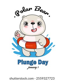 Polar bear plunge day banner, greeting card with cute cartoon white kawaii bear